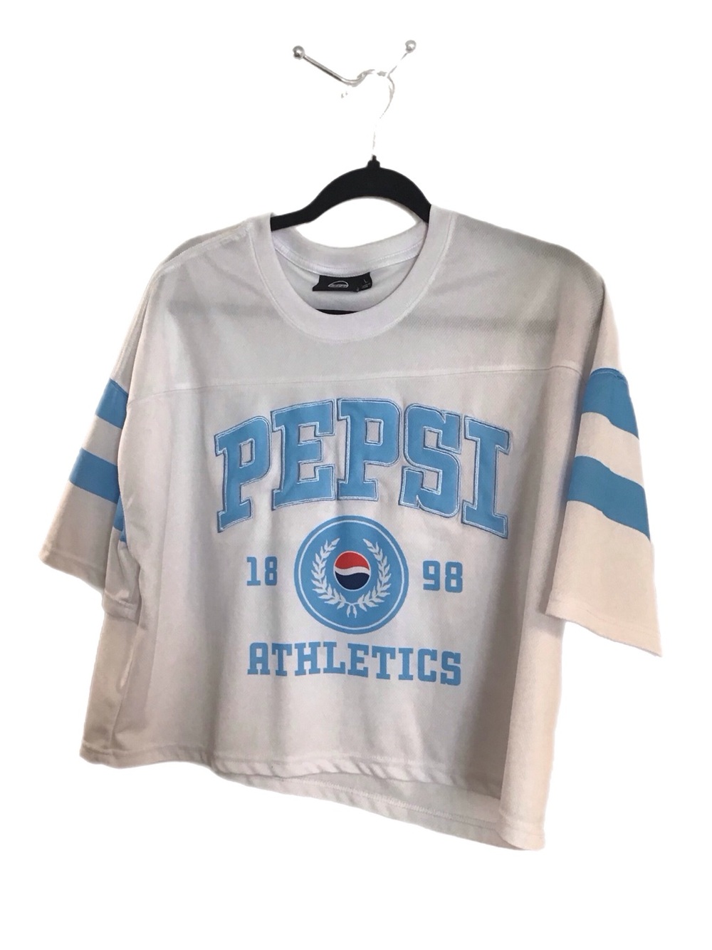 Y2K Vintage-Inspired Pepsi White & Light Blue Athletic Crop Top